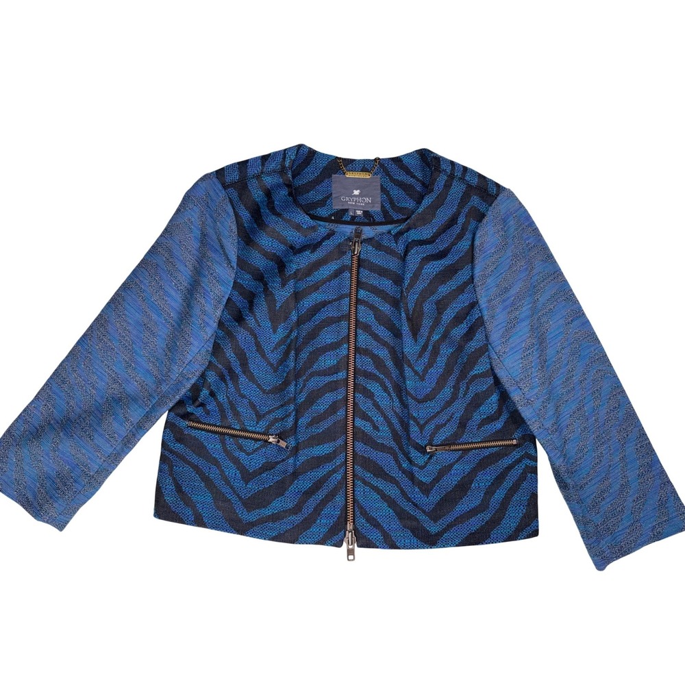 Gryphon New York Blue Zebra Jacquard Zip Front Jacket Large Animal Print Cropped